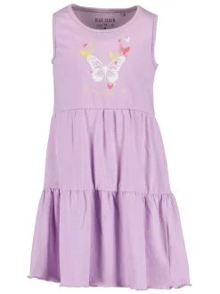 Robe courte et évasée lilas en coton col rond et manches courtes avec papillons floqués