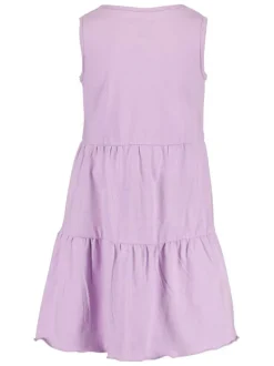 Robe courte et évasée lilas en coton col rond et manches courtes avec papillons floqués