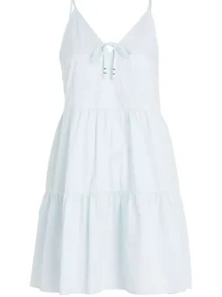 Robe courte à fines bretelles en coton biologique ciel unie à coupe babydoll