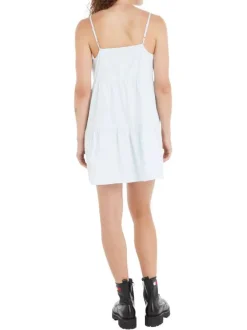 Robe courte à fines bretelles en coton biologique ciel unie à coupe babydoll