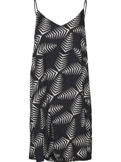 Robe courte à fines bretelles noire imprimé feuille à coupe droite et col v