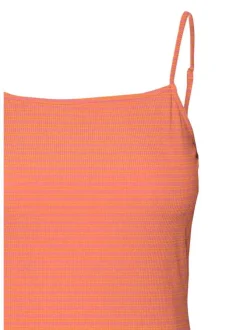 Robe courte à fines bretelles pêche rayée avec une coupe moulante et un col rond
