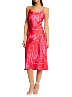 Robe courte à fines bretelles rouge imprimé abstrait à coupe ajustée et col v