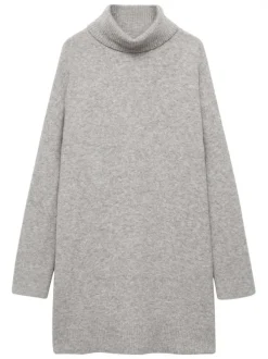 Robe courte grise unie droite à col montant et à manches longues en mailles