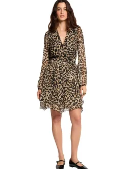 Robe courte à imprimé léopard avec un col cache-coeur et des manches longues