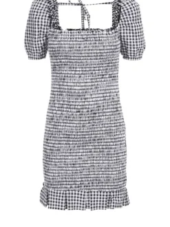 Robe courte imprimé vichy avec volants et détail smockée pour femme Noir en coton coupe droite