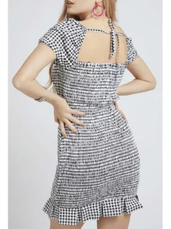 Robe courte imprimé vichy avec volants et détail smockée pour femme Noir en coton coupe droite