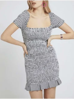 Robe courte imprimé vichy avec volants et détail smockée pour femme Noir en coton coupe droite