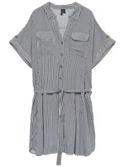 Robe courte indigo rayée avec une coupe droite à col français et des boutons