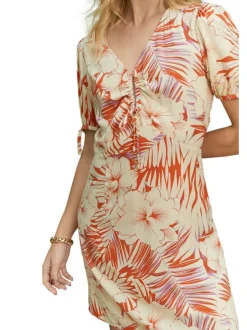 Robe courte Islande orange fleurie à coupe droite col v et à manches courtes