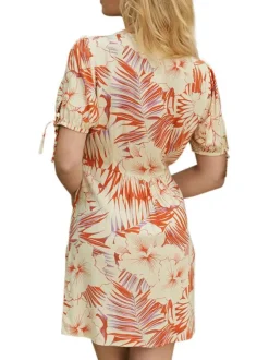 Robe courte Islande orange fleurie à coupe droite col v et à manches courtes