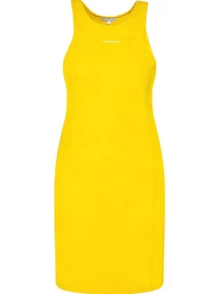 Robe courte jaune en coton biologique mélangé unie coupe moulante col rond