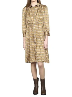 Robe courte jaune imprimé abstrait à coupe évasée col italien et à manches 3/5