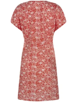 Robe courte Jeanne rouge fleurie à coupe droite col v et à manches courtes