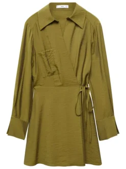 Robe courte kaki avec coupe portefeuille col v à revers et à manches longues