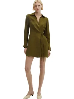 Robe courte kaki avec coupe portefeuille col v à revers et à manches longues