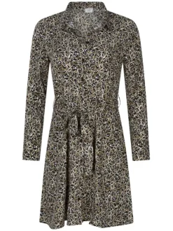 Robe courte kaki imprimée avec une coupe droite à col français et des boutons