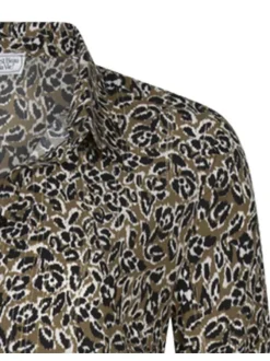 Robe courte kaki imprimée avec une coupe droite à col français et des boutons