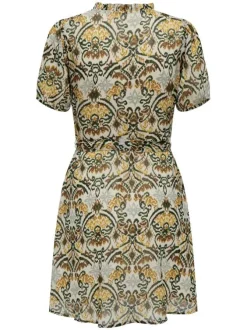 Robe courte kaki imprimée coupe droite col tunisien et à manches courtes