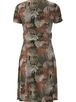 Robe courte kaki imprimée tropical avec une coupe ajustée à col v