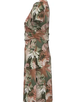 Robe courte kaki imprimée tropical avec une coupe ajustée à col v