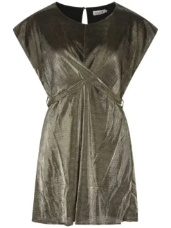 Robe courte kaki irisée avec une coupe droite col rond et à manches courtes
