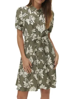 Robe courte kaki ornée d'un motif floral et pourvu d'un col chemise
