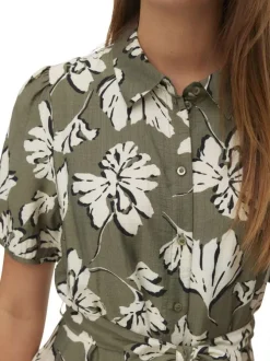 Robe courte kaki ornée d'un motif floral et pourvu d'un col chemise
