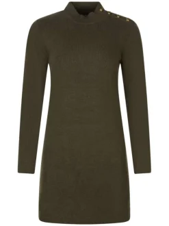 Robe courte kaki unie avec une coupe droite à col montant et des boutons