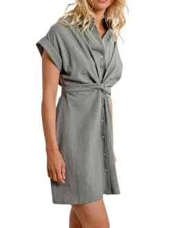 Robe courte kaki unie avec une coupe droite et un col à revers