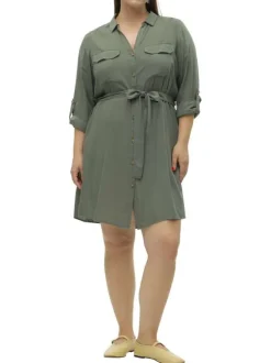 Robe courte kaki unie avec une coupe fluide et un col à revers