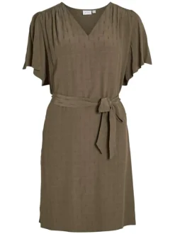 Robe courte kaki unie avec une coupe regular fit un col v et à manches courtes