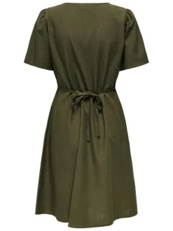 Robe courte kaki unie cintré avec une coupe fluide et un col V