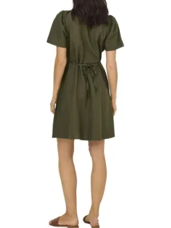 Robe courte kaki unie cintré avec une coupe fluide et un col V