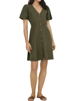 Robe courte kaki unie cintré avec une coupe fluide et un col V