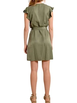 Robe courte kaki unie à coupe droite avec un col v et des manches courtes