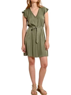 Robe courte kaki unie à coupe droite avec un col v et des manches courtes
