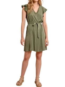 Robe courte kaki unie à coupe droite avec un col v et des manches courtes