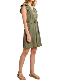 Robe courte kaki unie à coupe droite avec un col v et des manches courtes