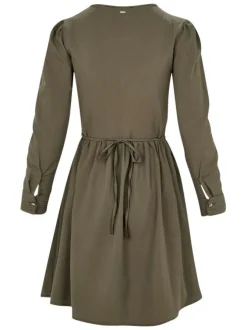 Robe courte kaki unie à coupe patineuse col v et à manches longues