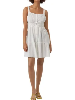 Robe courte à larges bretelles en coton blanche unie à coupe bohème et col rond