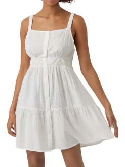 Robe courte à larges bretelles en coton blanche unie à coupe bohème et col rond