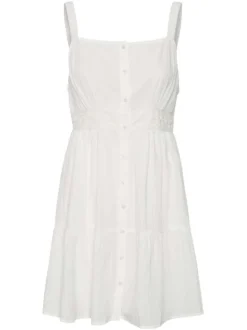 Robe courte à larges bretelles en coton blanche unie à coupe bohème et col rond