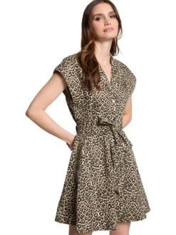 Robe courte léopard à coupe cintrée, col v et à manches longues à boutons