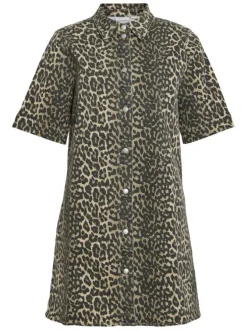 Robe courte léopard en faux denim à coupe droite et à col à revers
