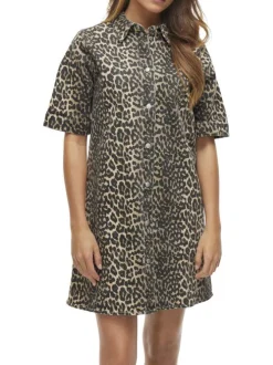 Robe courte léopard en faux denim à coupe droite et à col à revers