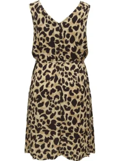Robe courte léopard léopard coupe droite col v et sans manches