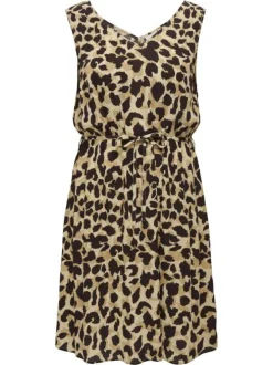 Robe courte léopard léopard coupe droite col v et sans manches