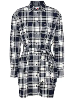 Robe courte marine à carreaux avec un col français et à manches longues
