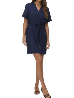 Robe courte marine à coupe droite pourvue d'un col v et de manches courtes